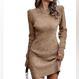 Ribbed Knit Bodycon Sweater Dress Stretchy Gold Tan Knit sz Large